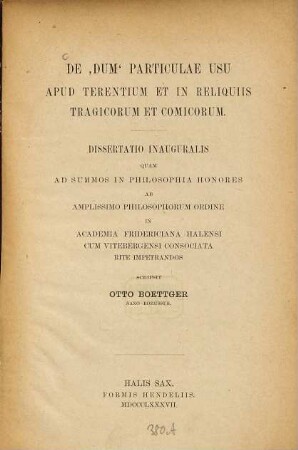 De "dum" particulae usu apud Terentium et in reliquiis tragicorum et comicorum