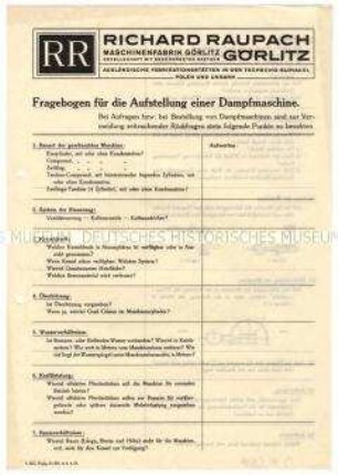 Fragebogen für die Aufstellung einer Dampfmaschine.
