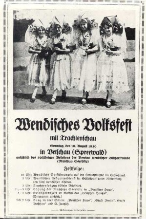 Programm eines Volksfestes in Vetschau : Gesellschaftliche Volkskultur - Heimat-, Volksfeste und Ähnliches. Ort: Wětošow / Vetschau. Programmheft des Wendischen Volksfestes in Vetschau