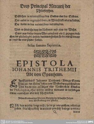 EPISTOLA IOHANNIS TRITHEMII Abt von Spanheim.