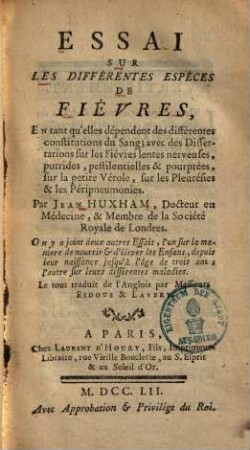Essai sur les différentes espèces de Fièvres ...