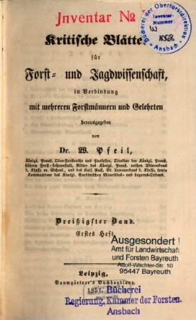 Kritische Blätter für Forst- und Jagdwissenschaft. 30. 1851