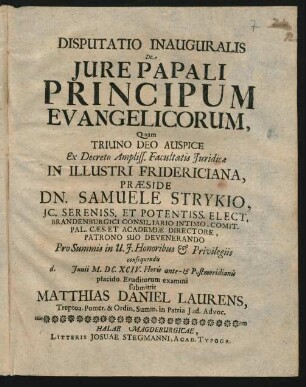 Disputatio Inauguralis De Iure Papali Principum Evangelicorum