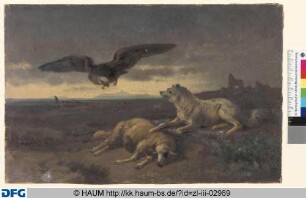 Landschaft mit Schaf, Hund und Adler