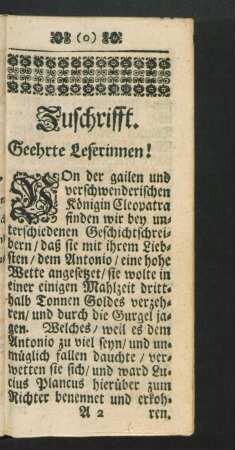 Zuschrifft. Geehrte Leserinnen