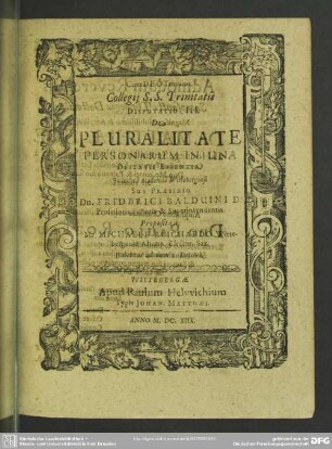 De Pluralitate Personarum In Una Deitatis Essentia Proposita a M. Michaele Reichardo
