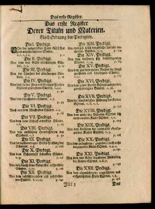 Das erste Register Derer Tituln und Materien. Nach Ordnung der Predigten