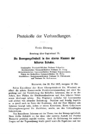 Die Bewegungsfreiheit in den oberen Klassen der höheren Schulen : [Protokolle der Verhandlungen]
