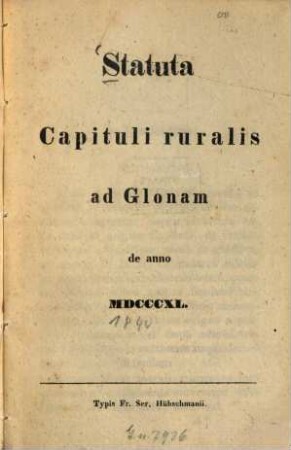 Statuta Capituli ruralis ad Glonam de anno MDCCCXL