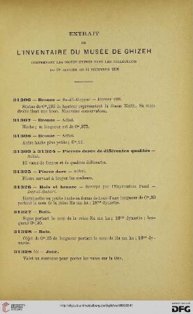 Extrait de l'inventaire du Musée de Ghizeh
