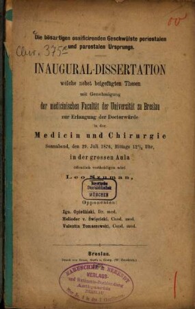 Die bösartigen ossificirenden Geschwülste periostalen und parostalen Ursprungs