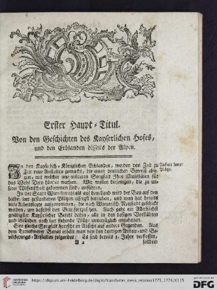Erster Haupt-Titul: Von den Geschichten des Kayserlichen Hofes, und den Erblanden disseits der Alpen