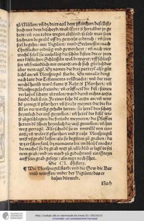 Die CI. History Wie Vlenspiegel starb/vnd die Sew die Bar vmb wurffen/vnder der Vigihen/das er dahin dürmelt