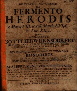 Disputatio Inauguralis De Fermento Herodis e Marci VIII, 15. coll. Matth. XVI, 6. et Luc. XII, 1.