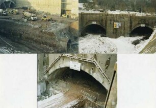 Engelbergbasistunnel im Bau Nordportal, Portale und alter Sondierstollen in der Oströhre.