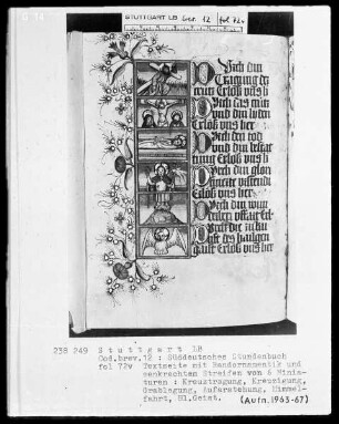 Deutsches Gebetbuch (Waldburg-Gebetbuch) — Textseite mit einem senkrechten Streifen von sechs Miniaturen, Folio 72verso