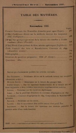 Table des matières. Novembre 1899.