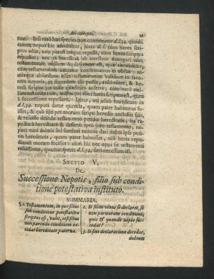 Sectio V. De Successione Nepotis, filio sub conditione potestativa instituto.