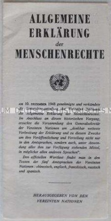 Flugschrift mit dem Text der "Allgemeinen Erklärung der Menschenrechte", verkündet durch die Generalversammlung der Vereinten Nationen 1948