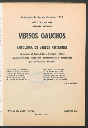 Versos gauchos : antología de versos recitables ; milongas, el escondido, y payadas criollas ; [antología de poetas gauchos]