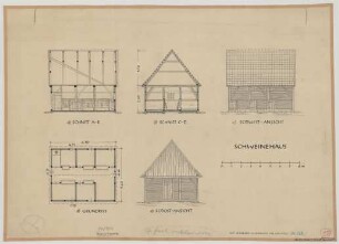 Osterwick (Kreis Coesfeld): Hof Averkamp. Schweinehaus (Grundriss, Südostansicht, Südwestansicht, Schnitte)