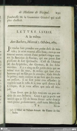 Lettre LXXXIX. A la même. Aux Rochers, Mécredi 7. Octobre, 1671