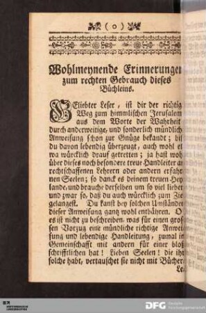 Wohlmeynende Erinnerungen zum rechten Gebrauch dieses Büchleins.