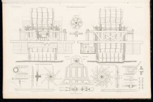 Stromkratzmaschine: Vorderansicht, Rückansicht, Details (aus: Atlas zur Zeitschrift für Bauwesen, hrsg. v. G. Erbkam, Jg. 15, 1865)