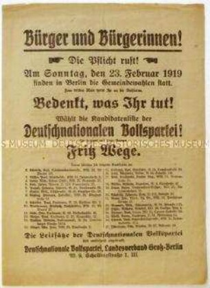Aufruf der Deutschnationalen Volkspartei zur Berliner Stadtverordnetenwahl 1919
