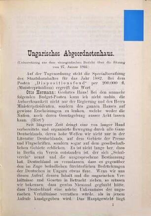 Die Debatte vom 27. Januar 1882 im ungarischen Abgeordnetenhaus über die deutsche Bewegung