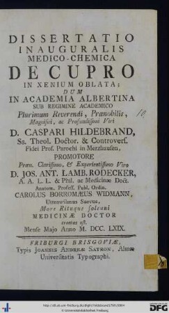 Dissertatio Inauguralis Medico-Chemica De Cupro In Xenium Oblata