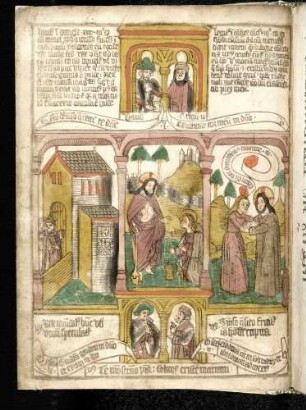 (1) Antitypus: Magdalena zu Christi Füßen; Typen: (2) Davids Reue ; (3) Moses verzeiht Mirjam; (4) Propheten-Brustbilder
