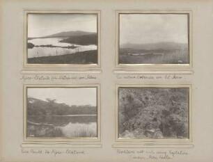 links oben: Natronsee Njoro-Lkatende am Meru rechts oben: Natronsee am Ost-Meru links unten: Bucht des Njoro-Lkatende am Meru rechts unten: Blocklava mit noch wenig Vegetation im inneren Krater des Meruberges