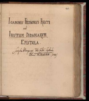 [Brief von Joannes Pedioneus an Justus Didamar (1543)]