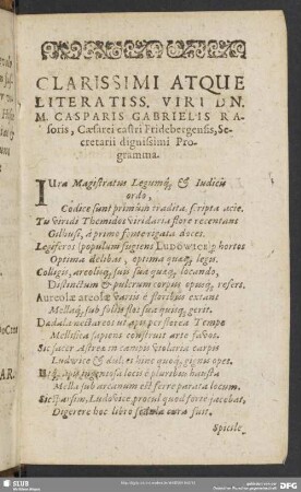 Clarissimi Atque Literatiss. Viri DN. M. Caparis Gabrielis Rasoris ...