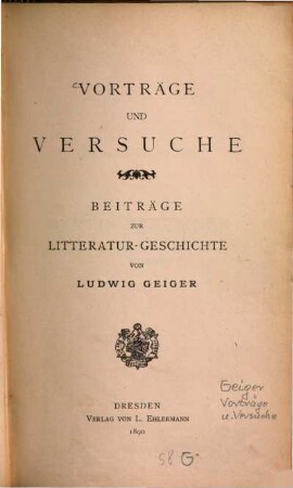 Vorträge und Versuche : Beiträge zur Litteratur-Geschichte