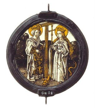 Kabinettscheibe mit Hl. Helena und Hl. Margarethe. Zugehörig zu einer Serie von drei Rundscheiben mit Heiligendarstellungen, vgl. Gm.028, 030