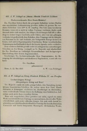 August Wilhelm von Schlegel an Friedrich Wilhelm , Bonn, 22.05.1842
