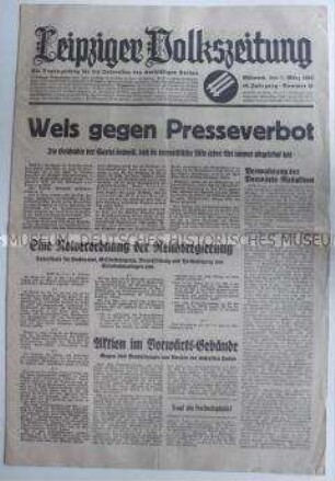 Letzte reguläre Ausgabe der sozialdemokratischen Tageszeitung u.a. zu den Notverordnungen der NS-Regierung nach dem Reichstagsbrand