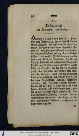 VII. Testament der Herzoginn von Polignac.