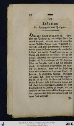VII. Testament der Herzoginn von Polignac.