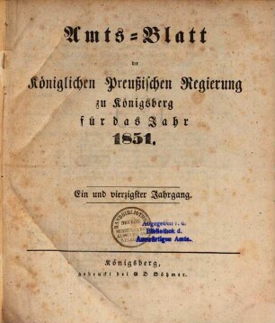 Amtsblatt der Preussischen Regierung zu Königsberg. 41. 1851
