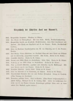 Verzeichnis der Schriften Karl von Raumer's