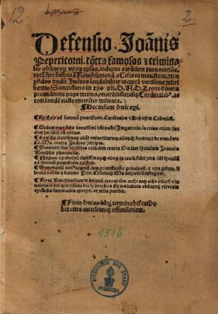 Defensio Joan[n]is Pepericorni co[n]tra famosas [et] criminales obscuro[rum] viro[rum] ep[isto]las