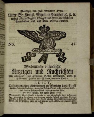 No. 45. Montags, den 9ten Novembr. 1750.