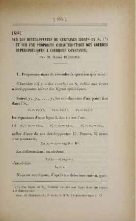 [Q2] Sur les développantes de certaines lignes en Sn (¹) et sur une propriété caractéristque des courbes hypersphériques a courbure constante.