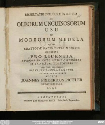 Dissertatio Inauguralis Medica De Oleorum Unguinosorum Usu In Morborum Medela