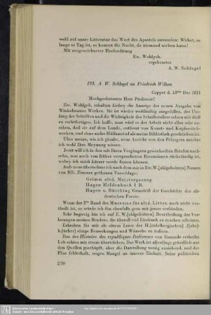 August Wilhelm von Schlegel an Friedrich Wilken, Coppet, 13.12.1811