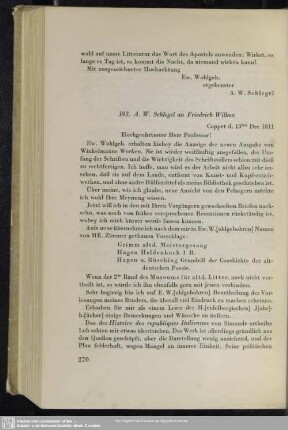 August Wilhelm von Schlegel an Friedrich Wilken, Coppet, 13.12.1811