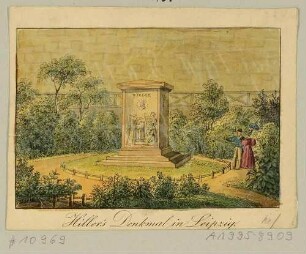 Das Denkmal für den Musiker, Komponisten, Kapellmeister und Thomaskantor Johann Adam Hiller (1728-1804) im Promenadenring vor der Thomasschule in Leipzig, Ausschnitt aus Wagners Bilderbogen bei Lenz um 1830
